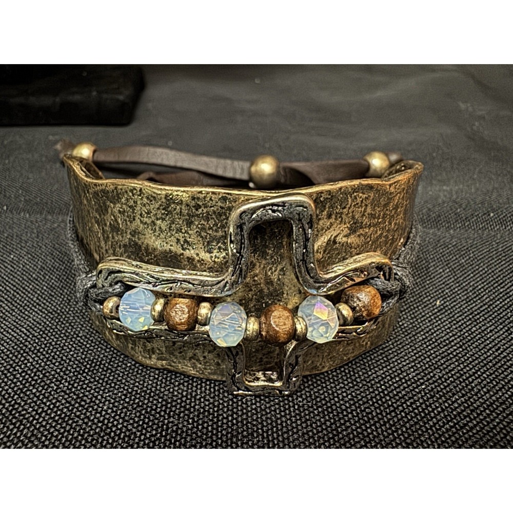 Unique Half Cuff Adjustable Cross Pendent With Beads Bracelet Silver/gold Tone